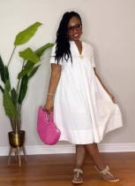 White V-neck Loose Short-sleeved Dress With Decorative Buttons