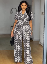 Printed V-neck Pleated Wide-leg Trousers Two-piece Set