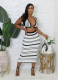 V-neck Hollow Striped Pine Knit Low-rise Contrast Color Two-piece Set