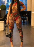 Backless Graphic Print Sheer Mesh Jumpsuit