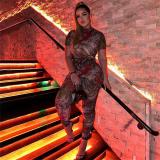 Backless Graphic Print Sheer Mesh Jumpsuit
