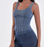 Elastic Tight-fitting Chest Padded Denim Yoga Camisole With Beautiful Back