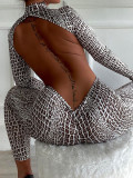 Long-sleeve Crew Neck Printed Backless Zip Jumpsuit