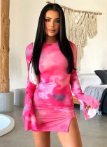 Rose Red Round Neck Long Sleeve Slim Fit Slit Temperament Elegant Hip Dress