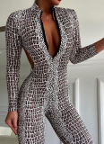 Long-sleeve Crew Neck Printed Backless Zip Jumpsuit