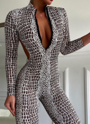 Long-sleeve Crew Neck Printed Backless Zip Jumpsuit