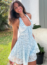 Sky Blue Jacquard Sexy Halterneck Slim Backless High Waist Dress