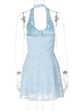 Sky Blue Jacquard Sexy Halterneck Slim Backless High Waist Dress