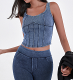 Elastic Tight-fitting Chest Padded Denim Yoga Camisole With Beautiful Back