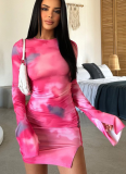Rose Red Round Neck Long Sleeve Slim Fit Slit Temperament Elegant Hip Dress