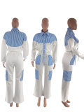 Striped Color-blocked Long-sleeved Shirt and Casual Trousers Suit