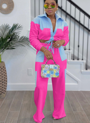 Striped Color-blocked Long-sleeved Shirt and Casual Trousers Suit