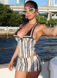 Printed Sleeveless Halter Neck Striped Contrast Color Hip Skirt Two-Piece Set