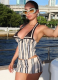 Printed Sleeveless Halter Neck Striped Contrast Color Hip Skirt Two-Piece Set