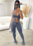 Sexy Knitted Low-Cut Hollow Belly-Exposing High-Waisted Slim-Fit Trousers Two-Piece Set