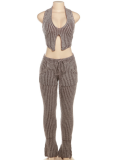 Sexy Knitted Low-Cut Hollow Belly-Exposing High-Waisted Slim-Fit Trousers Two-Piece Set