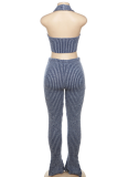 Sexy Knitted Low-Cut Hollow Belly-Exposing High-Waisted Slim-Fit Trousers Two-Piece Set