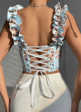 New V-Neck Sexy Print With Bra Pads Slim Backless Strappy Top