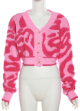 Fashionable Colorblock Low-Cut V-Neck Buttoned High-Waisted Slim-Fit Knit Top