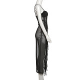 Sexy Hot Girl Mesh See-through Slit Irregular Suspender Dress