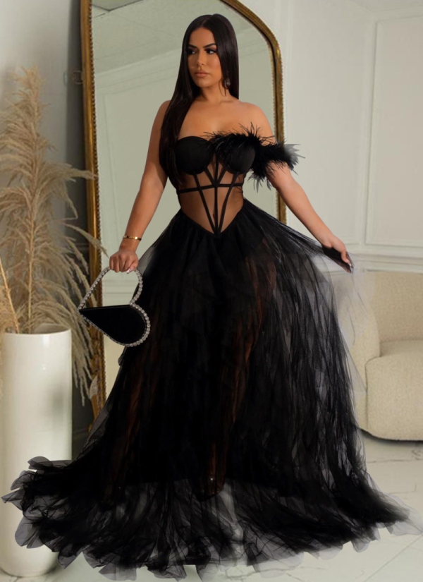 Solid Color Sleeveless Breast-wrap Mesh Floor-length Dress