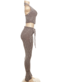 Sexy Knitted Low-Cut Hollow Belly-Exposing High-Waisted Slim-Fit Trousers Two-Piece Set