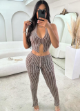 Sexy Knitted Low-Cut Hollow Belly-Exposing High-Waisted Slim-Fit Trousers Two-Piece Set