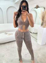 Sexy Knitted Low-Cut Hollow Belly-Exposing High-Waisted Slim-Fit Trousers Two-Piece Set