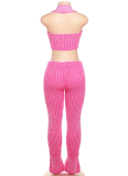 Sexy Knitted Low-Cut Hollow Belly-Exposing High-Waisted Slim-Fit Trousers Two-Piece Set