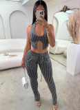 Sexy Knitted Low-Cut Hollow Belly-Exposing High-Waisted Slim-Fit Trousers Two-Piece Set