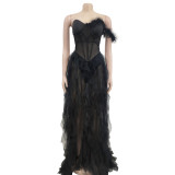 Solid Color Sleeveless Breast-wrap Mesh Floor-length Dress