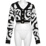 Fashionable Colorblock Low-Cut V-Neck Buttoned High-Waisted Slim-Fit Knit Top