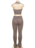 Sexy Knitted Low-Cut Hollow Belly-Exposing High-Waisted Slim-Fit Trousers Two-Piece Set