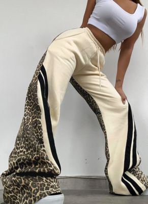 Street Fashion Leopard Print Colorblock High Waist Loose Trousers