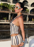 Printed Sleeveless Halter Neck Striped Contrast Color Hip Skirt Two-Piece Set