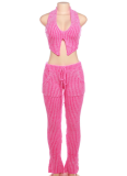 Sexy Knitted Low-Cut Hollow Belly-Exposing High-Waisted Slim-Fit Trousers Two-Piece Set