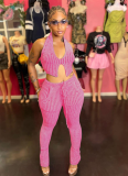 Sexy Knitted Low-Cut Hollow Belly-Exposing High-Waisted Slim-Fit Trousers Two-Piece Set