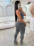 Sexy Knitted Low-Cut Hollow Belly-Exposing High-Waisted Slim-Fit Trousers Two-Piece Set