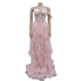 Solid Color Sleeveless Breast-wrap Mesh Floor-length Dress