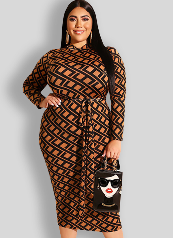 Brown Printed Tight Women's Zippered Large Size Hip Dress