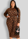 Brown Printed Tight Women's Zippered Large Size Hip Dress