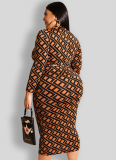 Brown Printed Tight Women's Zippered Large Size Hip Dress