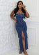 Dark Blue Sexy Tube Top Off-Shoulder Slit Work Bag Denim Dress