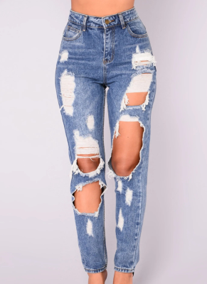 Blue Ripped Slim Fit Women's Denim Trousers