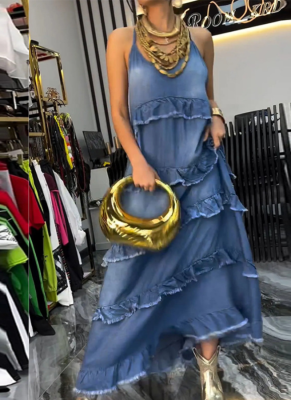 Fashionable V-neck Frayed Patchwork Denim Dress