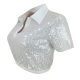 Fashionable Temperament Casual Sequins Short-Sleeved Polo Shirt