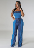 Spliced ​​Strapless Waist-cinching Faux Denim Jumpsuit