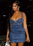 Sexy Strapless Denim Dress Showing Breasts