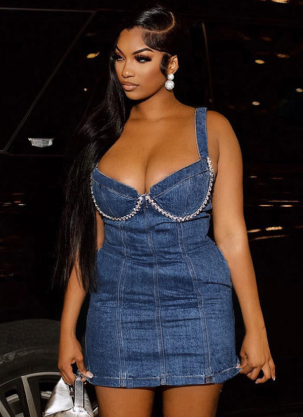 Sexy Strapless Denim Dress Showing Breasts