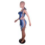 Chest Wrap Lace Halterneck Pocket Top Denim Two-piece Set